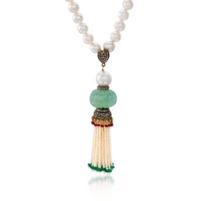 South Sea Pearl and Carved Emerald Tassel Necklace In Sterling Silver Two-Tone. 30" &mdash; Alt Image 1