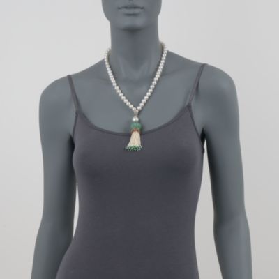 South Sea Pearl and Carved Emerald Tassel Necklace In Sterling Silver Two-Tone. 30" &mdash; Alt Image 2