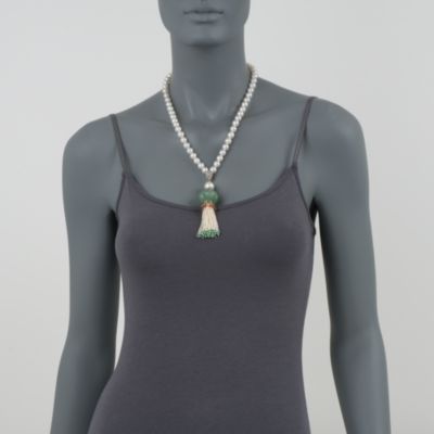 South Sea Pearl and Carved Emerald Tassel Necklace In Sterling Silver Two-Tone. 30" &mdash; Alt Image 3