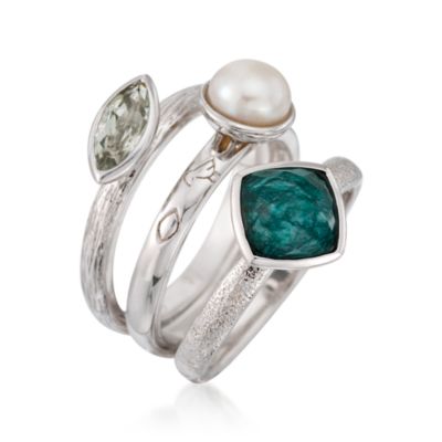 1.80 ct. t.w. Multi-Gemstone  and Pearl Stacking Ring Set In Sterling Silver &mdash; Alt Image 3