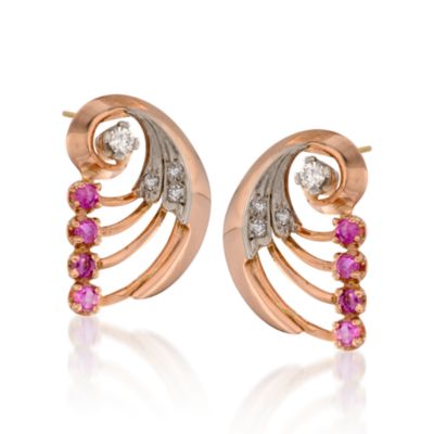 C. 1940 Vintage .60 ct. t.w. Ruby and .35 ct. t.w. Diamond Earrings In 14kt Two Tone Gold. Post Earrings &mdash; Alt Image 1