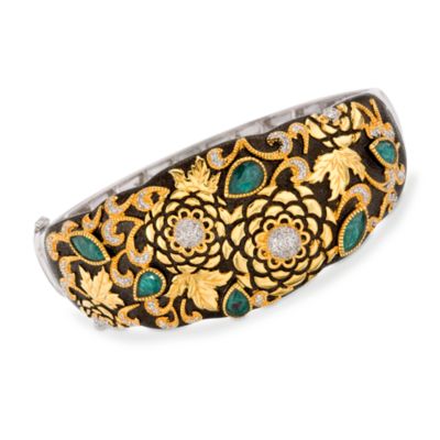 3.40 ct. t.w. Emerald and .50 ct. t.w. Diamond Bangle Bracelet In  Sterling Silver and Vermeil. 8" &mdash; Alt Image 1