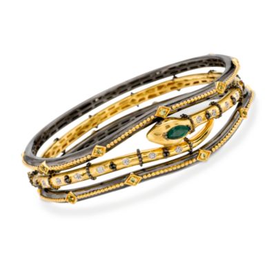 Set of Three 1.20 ct. t.w. Multi-Gem Snake Bangle Bracelets With Diamonds In Sterling Silver and Vermeil. 7" &mdash; Alt Image 1