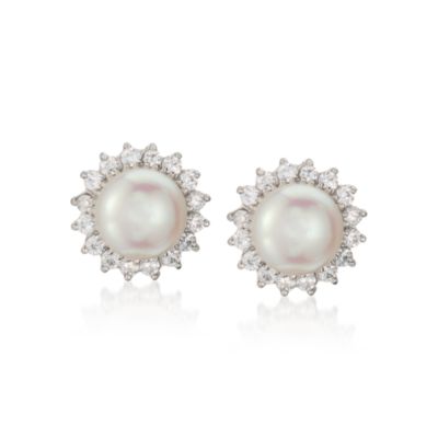10mm Pearl  and .85 ct. t.w. CZ Earrings In Sterling Silver &mdash; Alt Image 1
