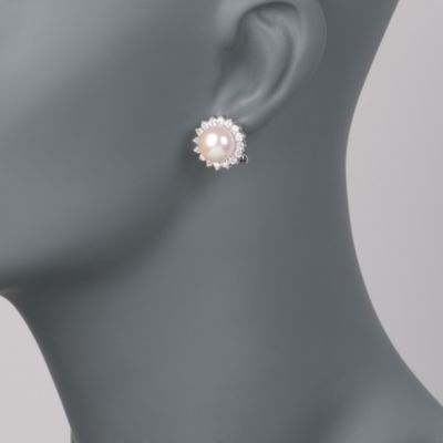 10mm Pearl  and .85 ct. t.w. CZ Earrings In Sterling Silver &mdash; Alt Image 2