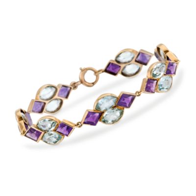 C. 1980 Vintage 6.50 ct. t.w. Amethyst and 10.50 ct. t.w. Aquamarine Bracelet in 14kt Yellow Gold. 7.5" &mdash; Alt Image 1