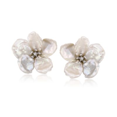 10-11mm Cultured Biwa Pearl Floral Earrings With Diamonds In 14kt White Gold &mdash; Alt Image 1