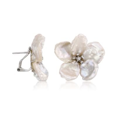 10-11mm Cultured Biwa Pearl Floral Earrings With Diamonds In 14kt White Gold &mdash; Alt Image 3