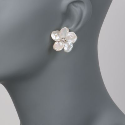 10-11mm Cultured Biwa Pearl Floral Earrings With Diamonds In 14kt White Gold &mdash; Alt Image 2