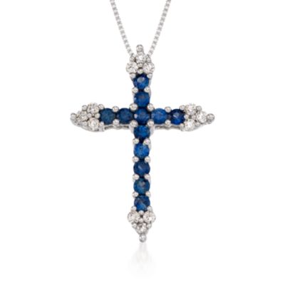 .35 ct. t.w. Sapphire and .10 ct. t.w. Diamond Cross Pendant Necklace in 14kt White Gold. 18" &mdash; Alt Image 1