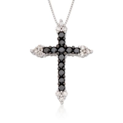 .45 ct. t.w. Black and White Diamond Cross Pendant Necklace In 14kt White Gold. 18" &mdash; Alt Image 1