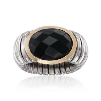 Italian Black Onyx Ribbed Ring in Stainless Steel and 18kt Yellow Gold. Size 5 &mdash; Alt Image 1