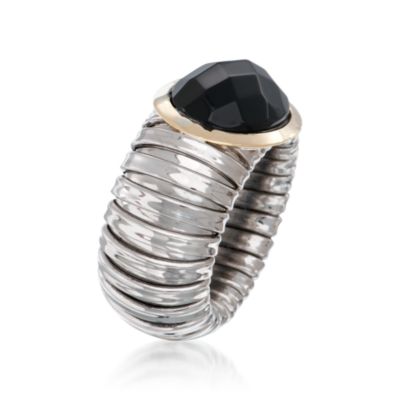Italian Black Onyx Ribbed Ring in Stainless Steel and 18kt Yellow Gold. Size 5 &mdash; Alt Image 3