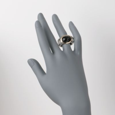 Italian Black Onyx Ribbed Ring in Stainless Steel and 18kt Yellow Gold. Size 5 &mdash; Alt Image 2
