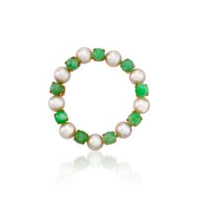 C. 1980 Vintage Jade and Cultured Pearl Circle Pin In 14kt Yellow Gold &mdash; Alt Image 1