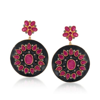 11.60 ct. t.w. Ruby and Black Enamel Statement Earrings With .85 ct. t.w. Diamonds in Vermeil. Drop Earrings &mdash; Alt Image 1