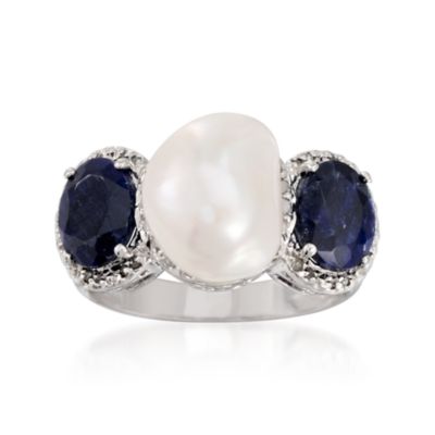 Cultured Pearl and 2.30 ct. t.w. Sapphire Ring With .20 ct. t.w. Diamonds In Sterling Silver &mdash; Alt Image 1