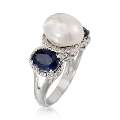 Cultured Pearl and 2.30 ct. t.w. Sapphire Ring With .20 ct. t.w. Diamonds In Sterling Silver &mdash; Alt Image 3