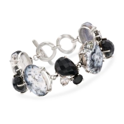Black Onyx and Rock Crystal Bracelet With Opal in Sterling Silver. 7" &mdash; Alt Image 1