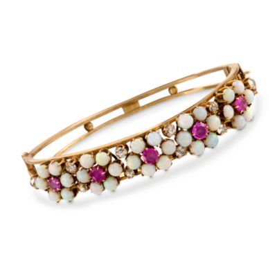 C. 1950 Vintage 1.10 ct. t.w. Diamond and 2.00 ct. t.w. Ruby Floral Bangle Bracelet With Opals in 14kt Yellow Gold. 6" &mdash; Alt Image 1