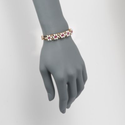 C. 1950 Vintage 1.10 ct. t.w. Diamond and 2.00 ct. t.w. Ruby Floral Bangle Bracelet With Opals in 14kt Yellow Gold. 6" &mdash; Alt Image 2