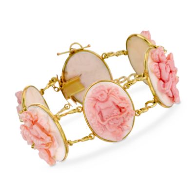 C.1970 Vintage Carved Shell Cherub Bracelet in 14kt Yellow Gold. 7.5" &mdash; Alt Image 1