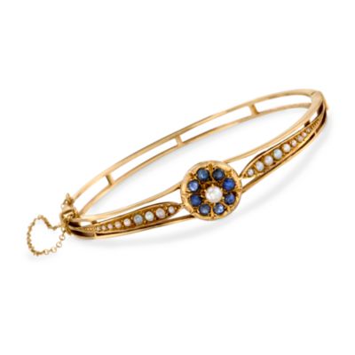 C. 1990 Vintage 1.00 ct. t.w. Sapphire and Cultured Pearl Hinged Bangle Bracelet In 14kt Yellow Gold. 6.5" &mdash; Alt Image 1