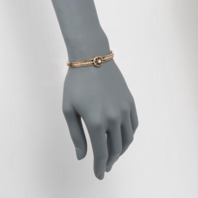 C. 1990 Vintage 1.00 ct. t.w. Sapphire and Cultured Pearl Hinged Bangle Bracelet In 14kt Yellow Gold. 6.5" &mdash; Alt Image 2