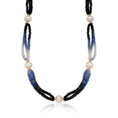 9-10mm Cultured Pearl and Sapphire Bead Necklace With 14kt Yellow Gold &mdash; Alt Image 1