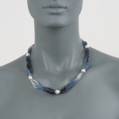9-10mm Cultured Pearl and Sapphire Bead Necklace With 14kt Yellow Gold &mdash; Alt Image 4