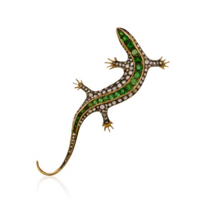 C. 2000 Vintage 3.00 ct. t.w. Tsavorite and 2.50 ct. t.w. Diamond Lizard Pin in 14kt Yellow Gold With Sterling Silver &mdash; Alt Image 1
