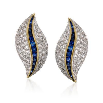 C. 1980 Vintage 3.00 ct. T. W. Diamond and 1.00 ct. t.w. Sapphire Earrings in 18kt Yellow Gold &mdash; Alt Image 1