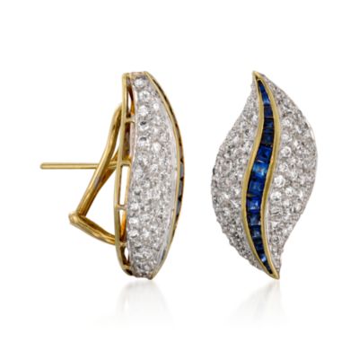 C. 1980 Vintage 3.00 ct. T. W. Diamond and 1.00 ct. t.w. Sapphire Earrings in 18kt Yellow Gold &mdash; Alt Image 3