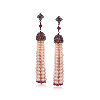 Pink Cultured Pearl Tassel Earrings With Pink Rhodolite In Sterling Silver &mdash; Alt Image 1