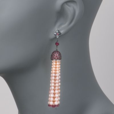 Pink Cultured Pearl Tassel Earrings With Pink Rhodolite In Sterling Silver &mdash; Alt Image 2