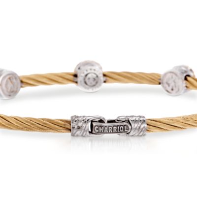 Charriol 1.00 ct. t.w. "Classique" White Topaz Bangle Bracelet in 18kt Gold and Stainless Steel. 7" &mdash; Alt Image 3