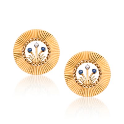 C. 1970 Vintage Tiffany Jewelry Set of 2 Sapphire and Diamond Flower Pins in 14kt Yellow Gold &mdash; Alt Image 1