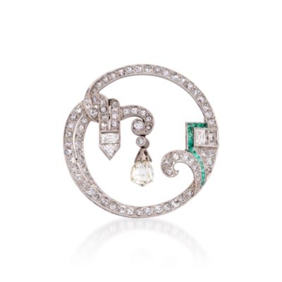 C. 1960 Vintage 3.20 ct. t.w. Diamond Circle Pin With .15 ct. t.w. Emeralds in Platinum &mdash; Alt Image 1