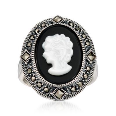 Marcasite Oval Cameo Ring With Mother-Of-Pearl and Black Onyx in Sterling Silver &mdash; Alt Image 1
