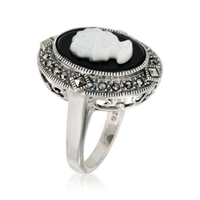 Marcasite Oval Cameo Ring With Mother-Of-Pearl and Black Onyx in Sterling Silver &mdash; Alt Image 3