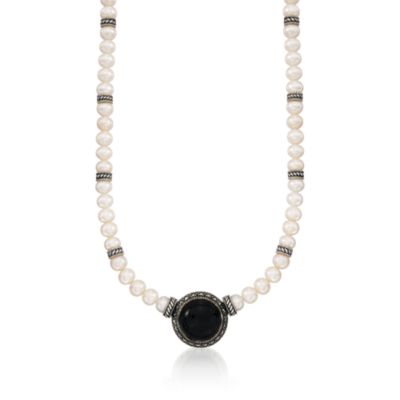 Cultured Pearl and Black Onyx Necklace With Marcasite in Sterling Silver. 16" &mdash; Alt Image 1