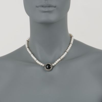 Cultured Pearl and Black Onyx Necklace With Marcasite in Sterling Silver. 16" &mdash; Alt Image 2