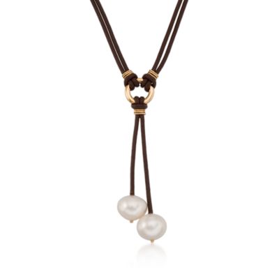 10-12mm Pearl Lariat Necklace With Leather Cord and 14kt Yellow Gold. 20" &mdash; Alt Image 1