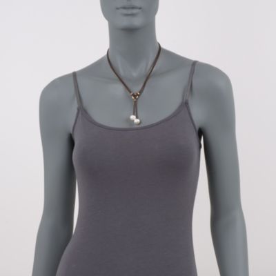 10-12mm Pearl Lariat Necklace With Leather Cord and 14kt Yellow Gold. 20" &mdash; Alt Image 2