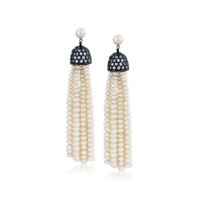 4-6mm Cultured Pearl and 4.20 ct. t.w. White Topaz Tassel Earrings in Sterling Silver &mdash; Alt Image 1