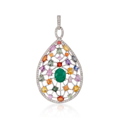 3.85 Carat Emerald and 7.50 ct. t.w. Sapphire Pendant With .60 ct. t.w. Diamonds In 14kt White Gold &mdash; Alt Image 1