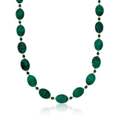 C. 1990 Vintage Green Malachite Beaded Necklace With 14kt Yellow Gold. 25" &mdash; Alt Image 1