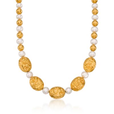 C. 1990 Vintage 8mm Cultured Pearl and 18kt Yellow Gold Beaded Necklace 18" &mdash; Alt Image 1