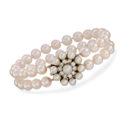 C. 1980. Vintage Multi-Strand Cultured Pearl Bracelet With. 1.00 ct. t.w. Diamond in 14kt White Gold 7" &mdash; Alt Image 1
