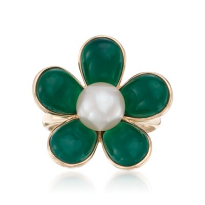 Green Agate and Pearl Flower Ring in 14kt Yellow Gold &mdash; Alt Image 1